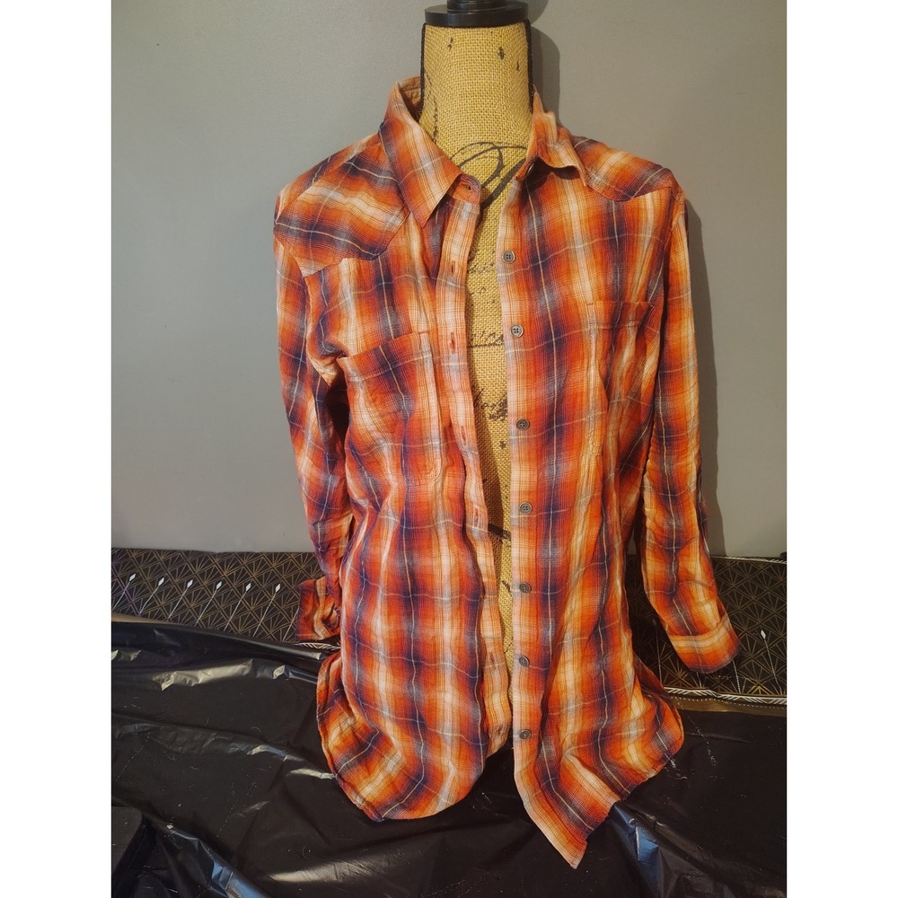 Ariat REAL Relaxed Plaid Button Down Western Shirt Orange Blue Women XXL